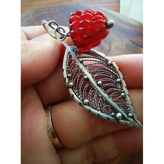 Silver filigree raspberry necklace lampwork