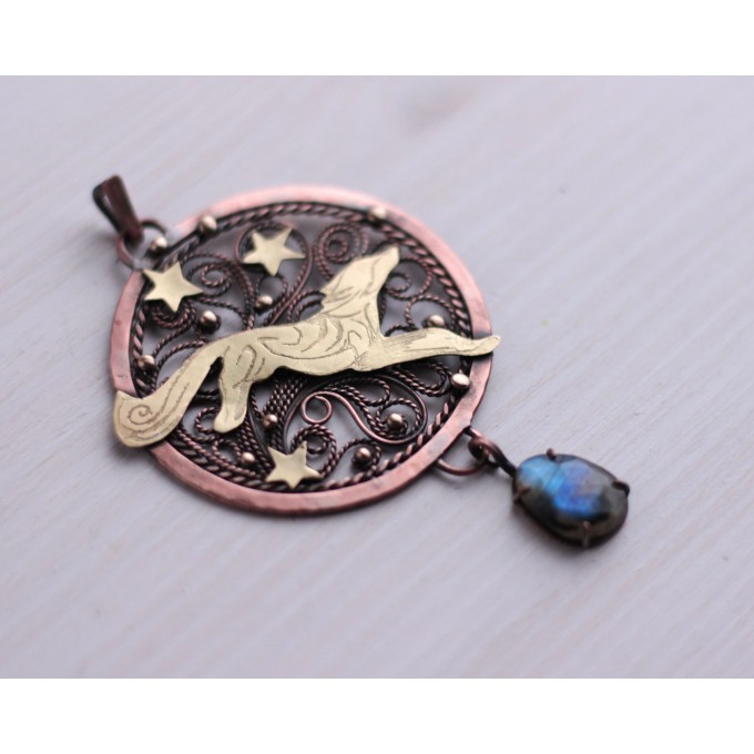 Copper filigree fox necklace with labradorite