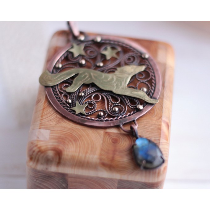 Copper filigree fox necklace with labradorite