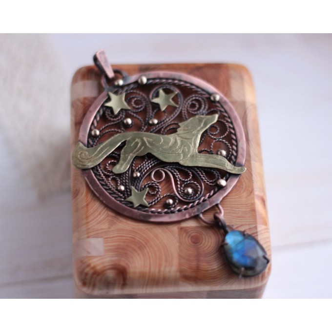 Copper filigree fox necklace with labradorite
