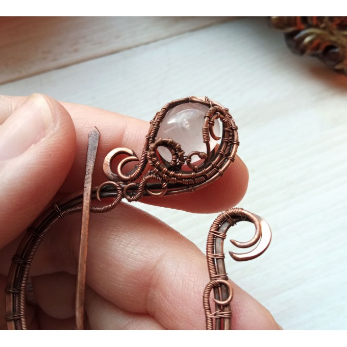Copper wire wrap rose quartz brooch
