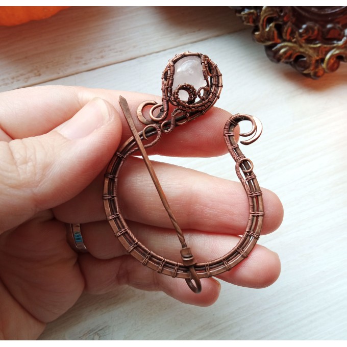 Copper wire wrap rose quartz brooch