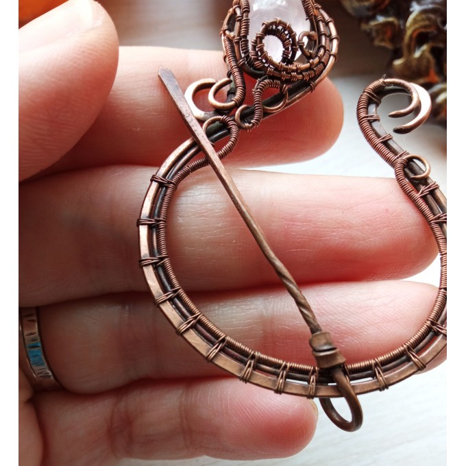 Copper wire wrap rose quartz brooch