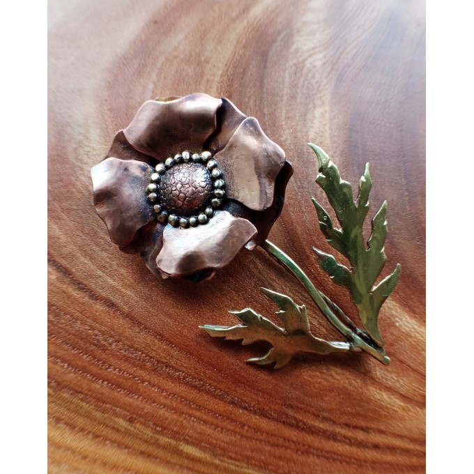 Copper-brass poppy brooch
