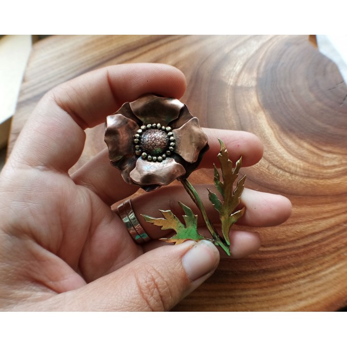 Copper-brass poppy brooch