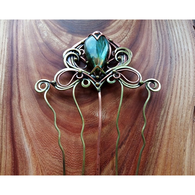 Copper-brass big hair comb with labradorite