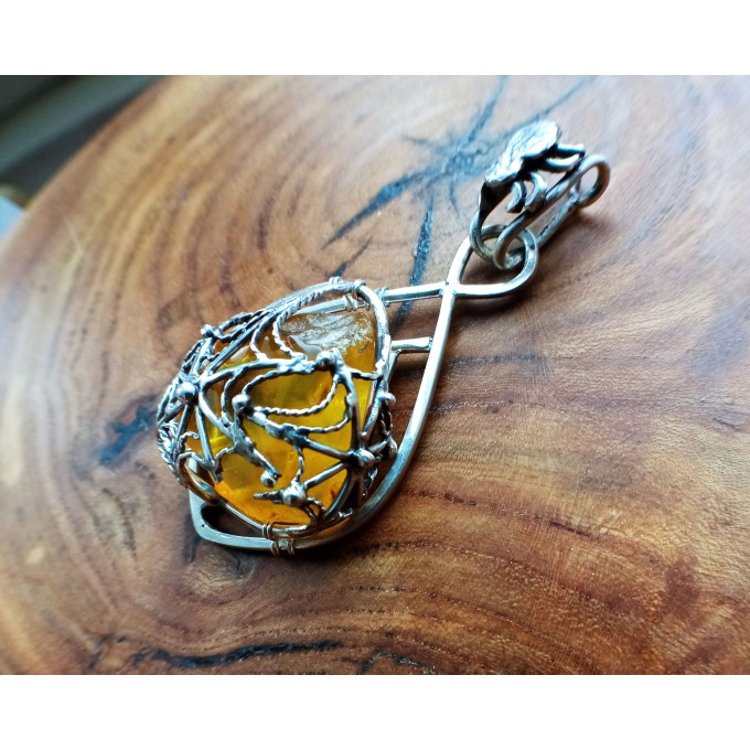 Silver filigree amber spider web necklace