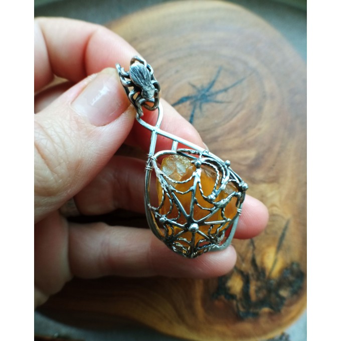 Silver filigree amber spider web necklace