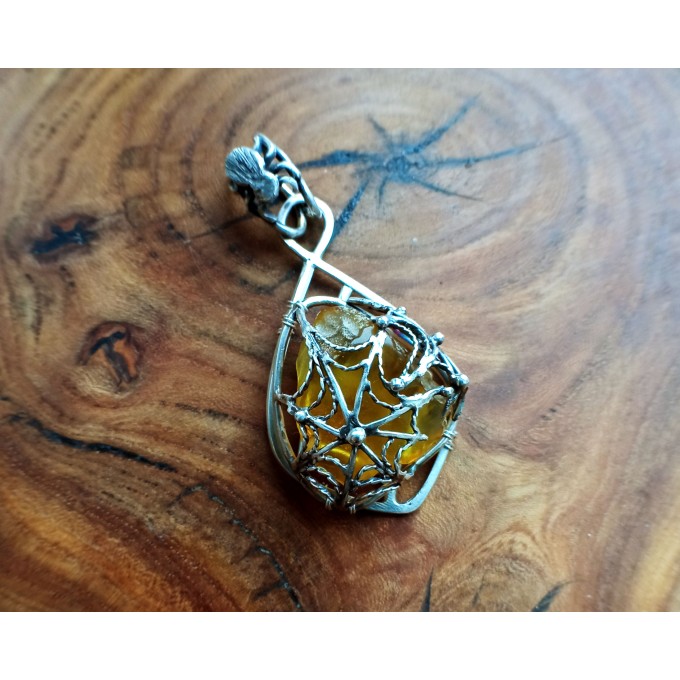 Silver filigree amber spider web necklace