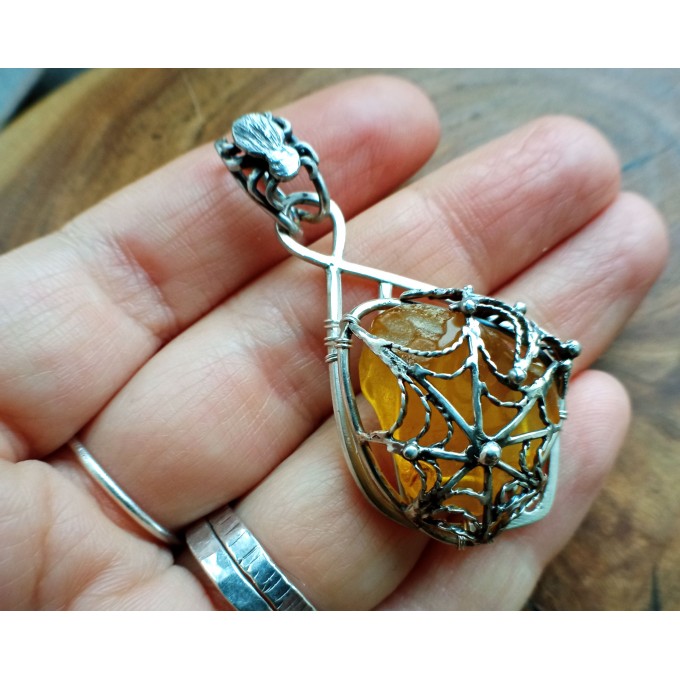 Silver filigree amber spider web necklace