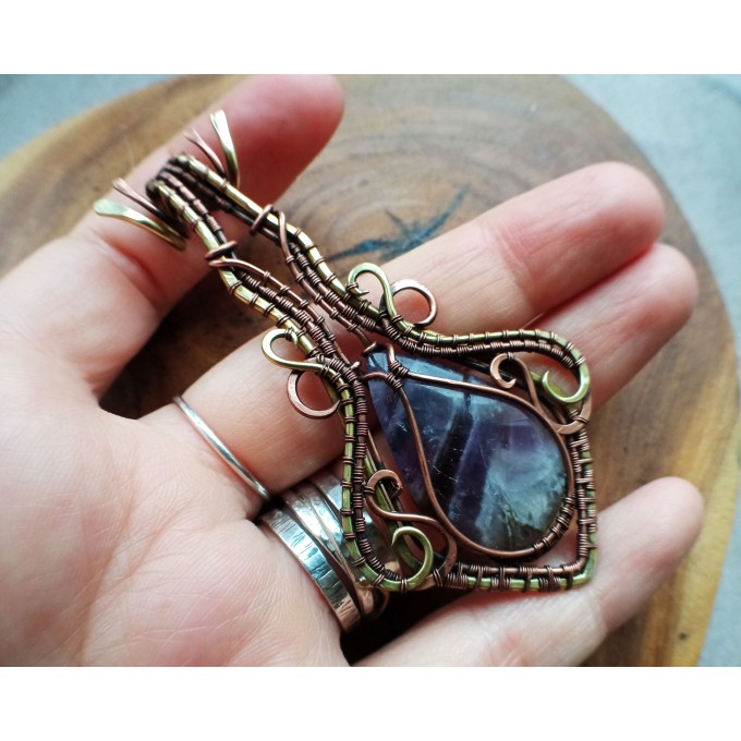 Amethyst wire wrap copper and brass necklace