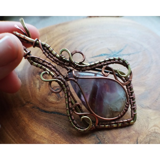 Amethyst wire wrap copper and brass necklace