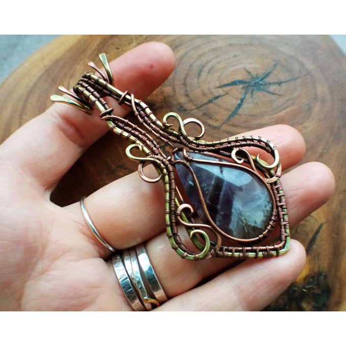 Amethyst wire wrap copper and brass necklace