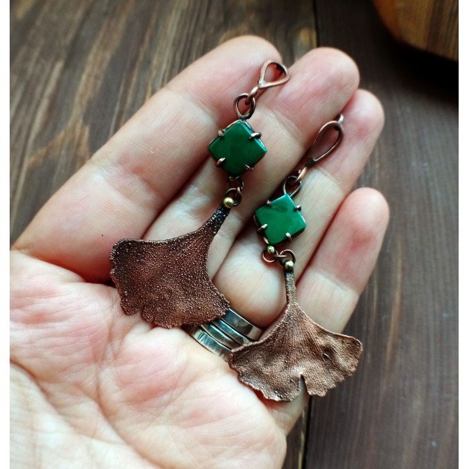 Copper ginkgo earrings with malachite