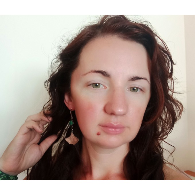 Copper ginkgo earrings with malachite