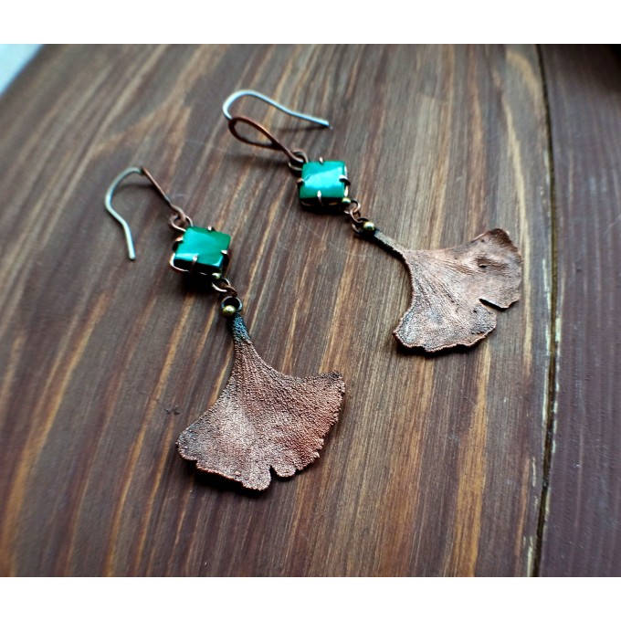 Copper ginkgo earrings with malachite