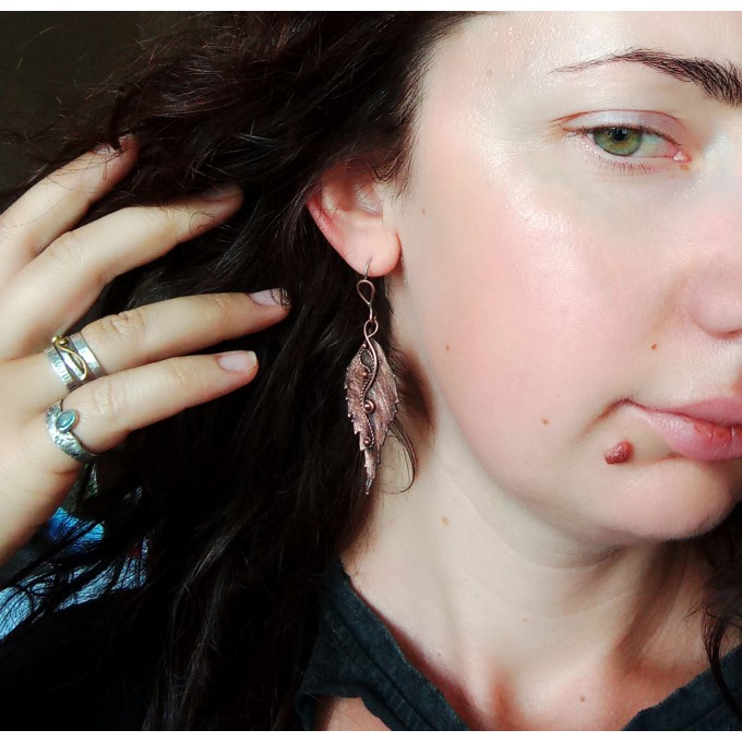 Copper leaf earrings