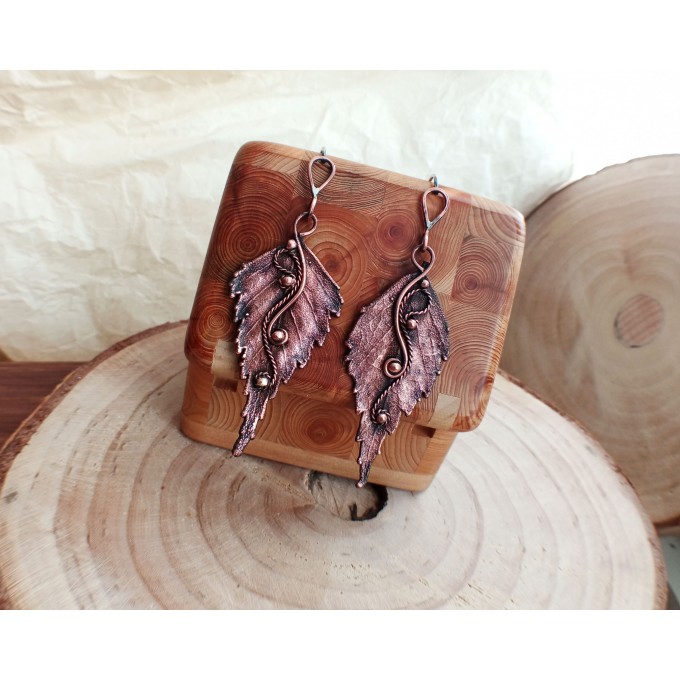 Copper leaf earrings