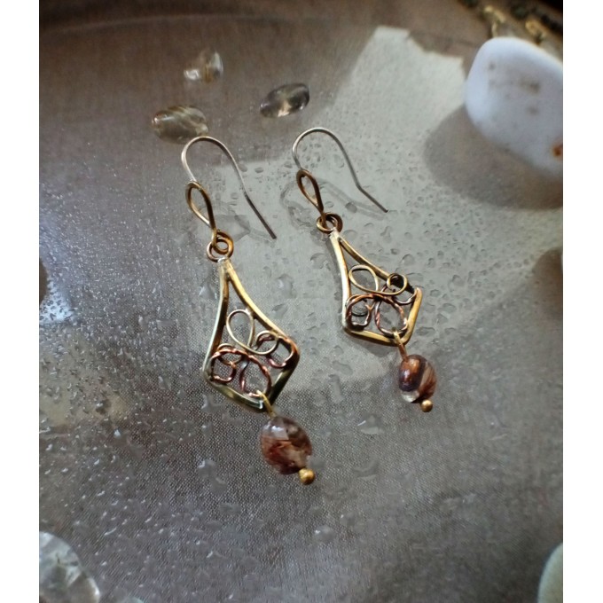 Brass earrings with rutile quartz