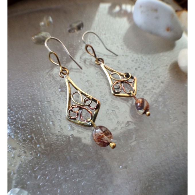 Brass earrings with rutile quartz