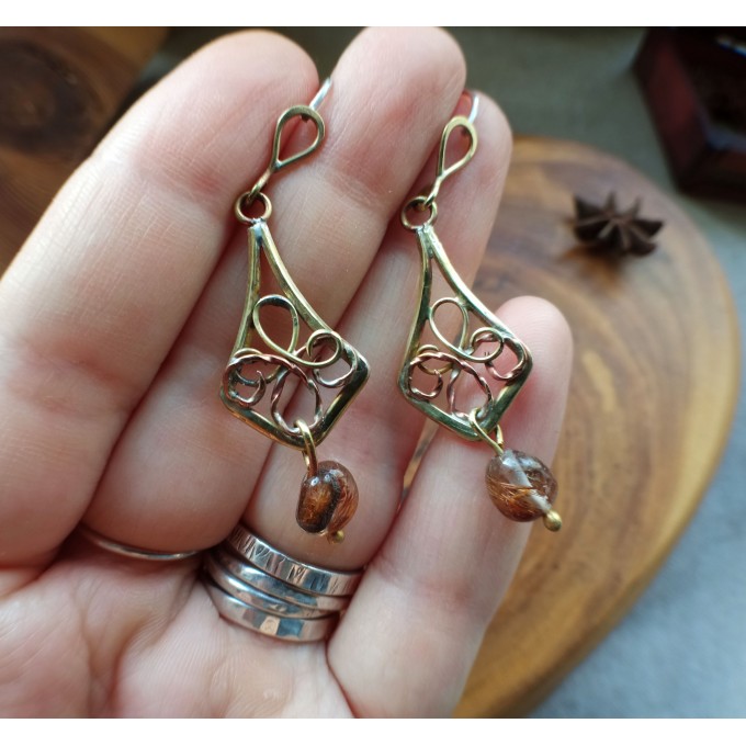Brass earrings with rutile quartz