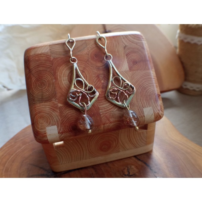 Brass earrings with rutile quartz