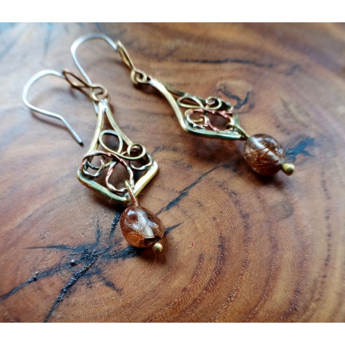 Brass earrings with rutile quartz