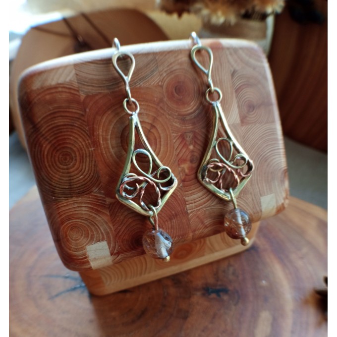 Brass earrings with rutile quartz