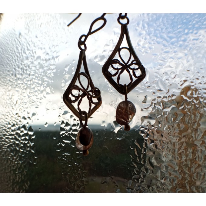 Brass earrings with rutile quartz