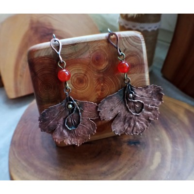 Copper earrings with leaf