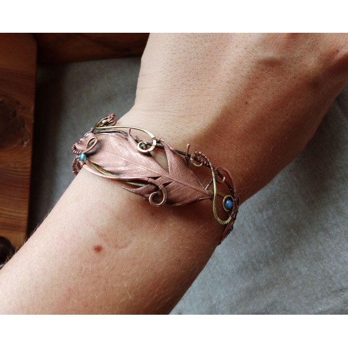 Wire wrap bracelet with copper feather and gemstone beads