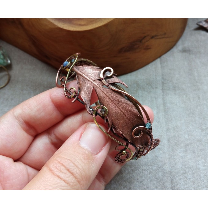 Wire wrap bracelet with copper feather and gemstone beads