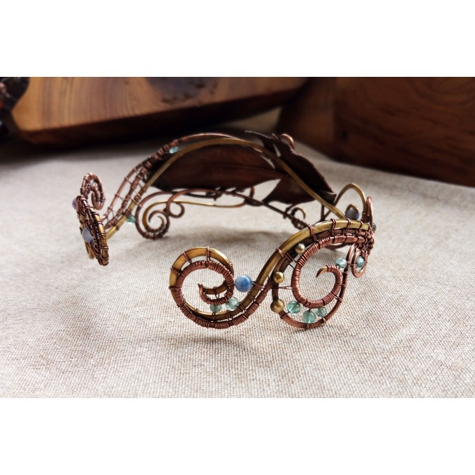 Wire wrap bracelet with copper feather and gemstone beads