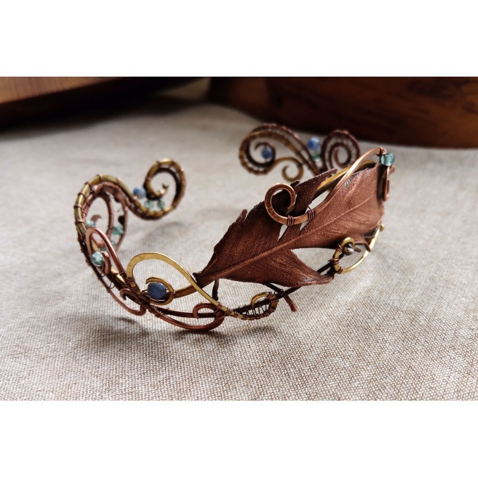 Wire wrap bracelet with copper feather and gemstone beads