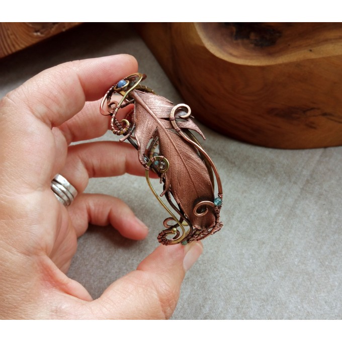 Wire wrap bracelet with copper feather and gemstone beads