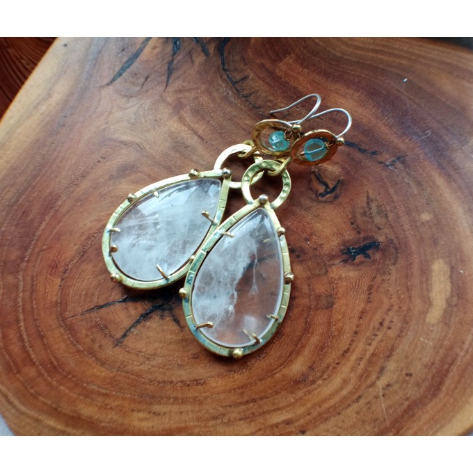 Brass earrings with quartz and apatite