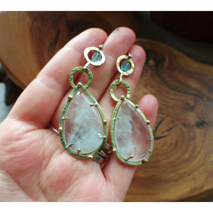 Brass earrings with quartz and apatite