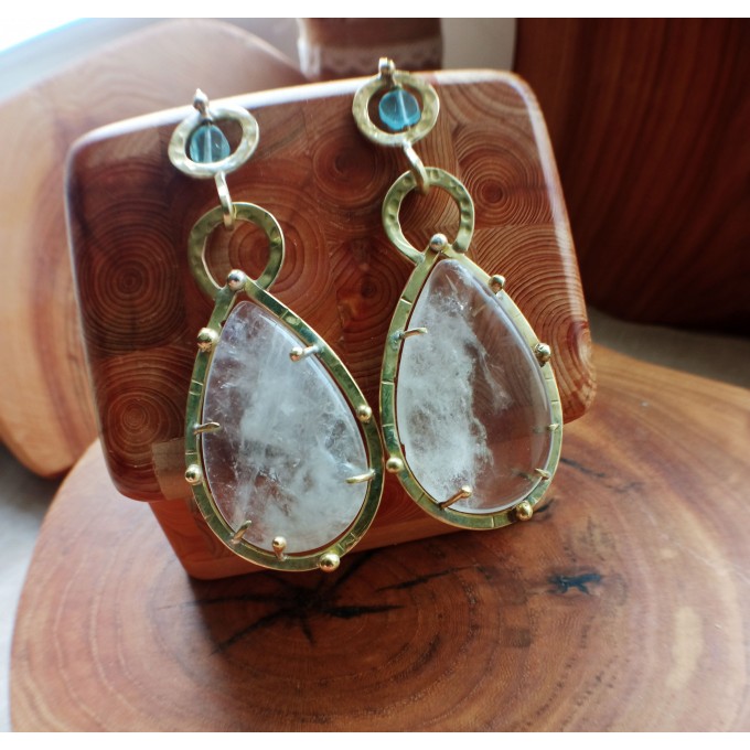 Brass earrings with quartz and apatite