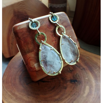 Brass earrings with quartz and apatite