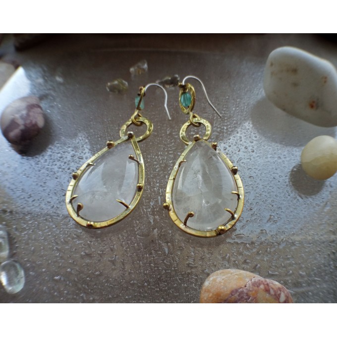 Brass earrings with quartz and apatite