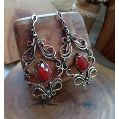 Carnelian earrings made of copper and brass