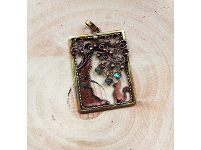 Cat and tree copper and brass filigree necklace with labradorites