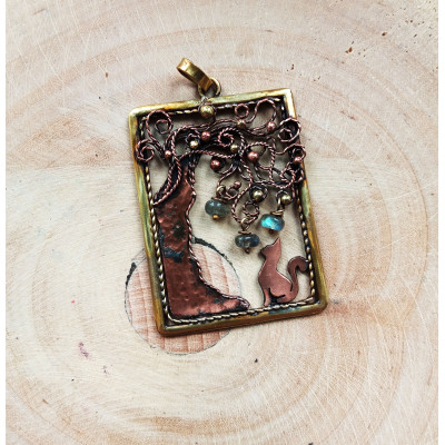 Cat and tree copper and brass filigree necklace with labradorites