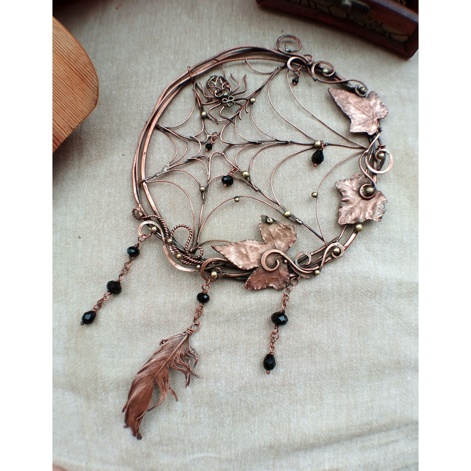 Spider web wall decor dream catcher made of copper with black beads