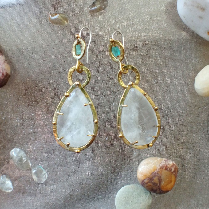 Brass earrings with quartz and apatite