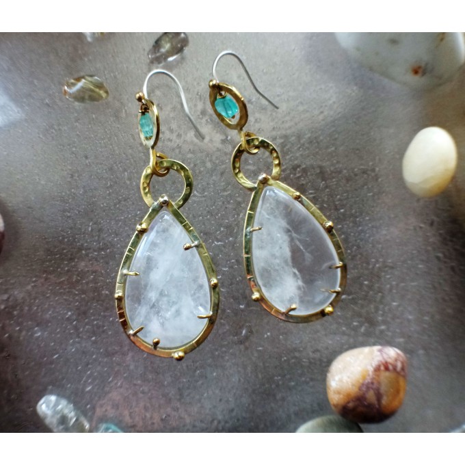 Brass earrings with quartz and apatite
