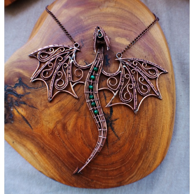 Green onyx wire-wrapped copper dragon
