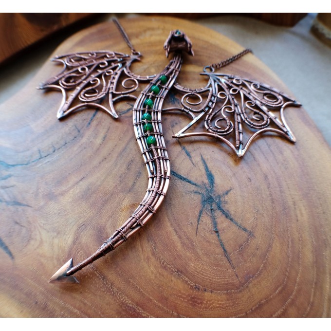 Green onyx wire-wrapped copper dragon