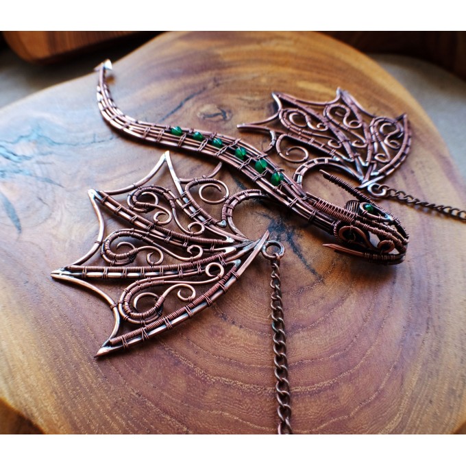Green onyx wire-wrapped copper dragon