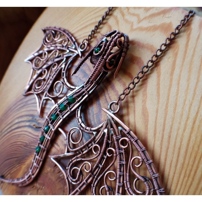Green onyx wire-wrapped copper dragon